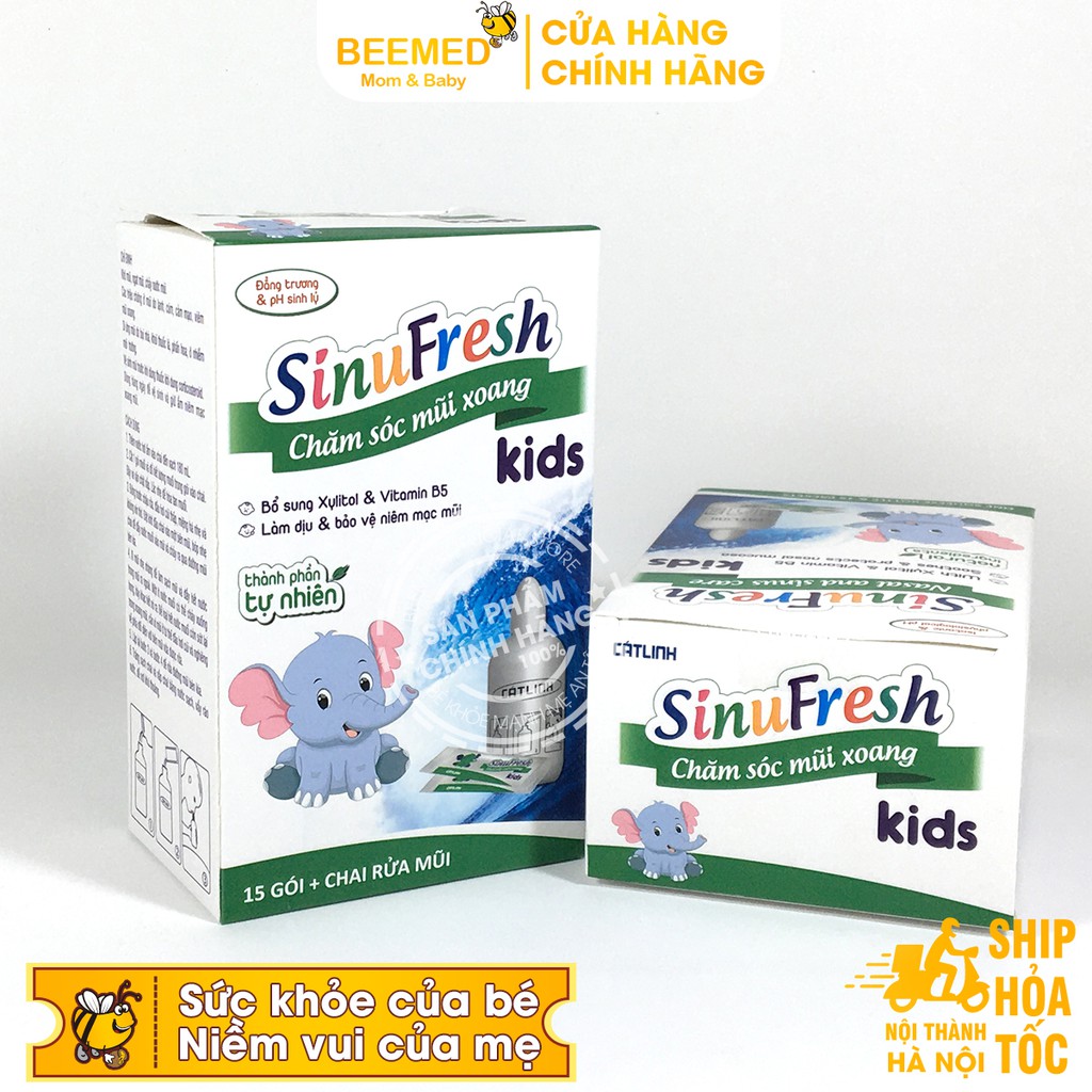 Bình rửa mũi cho bé  Sinufresh Kids chai 180ml Cát Linh tặng kèm 15 gói muối nano rửa xoang, dụng cụ có van điều chỉnh