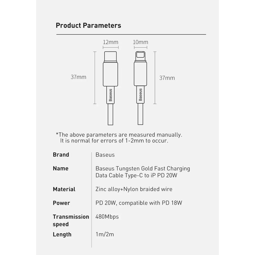 Cáp sạc IP12, Cáp sạc nhanh C to Lightning Baseus Tungsten Gold cho iPhone 12 11 Pro XS Max/Macbook iPad Mini Air 20W PD