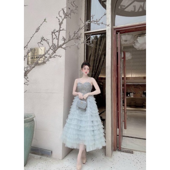 Đầm váy công chúa dự tiệc dạ hội xòe phồng nhiều tầng kết đá thủ công lấp lánh sang trọng hotgirl