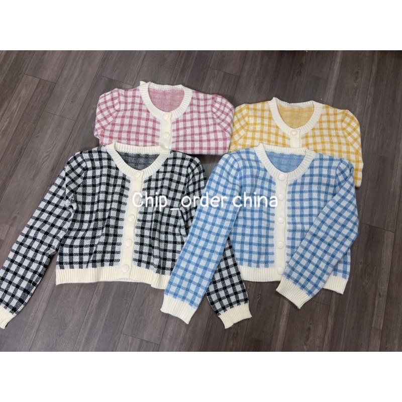 Áo Khoác Cardigan Dệt Kim Cổ Tròn Sọc Caro Phong Cách Hàn Quốc Thời Trang Mùa Thu Cho Nữ