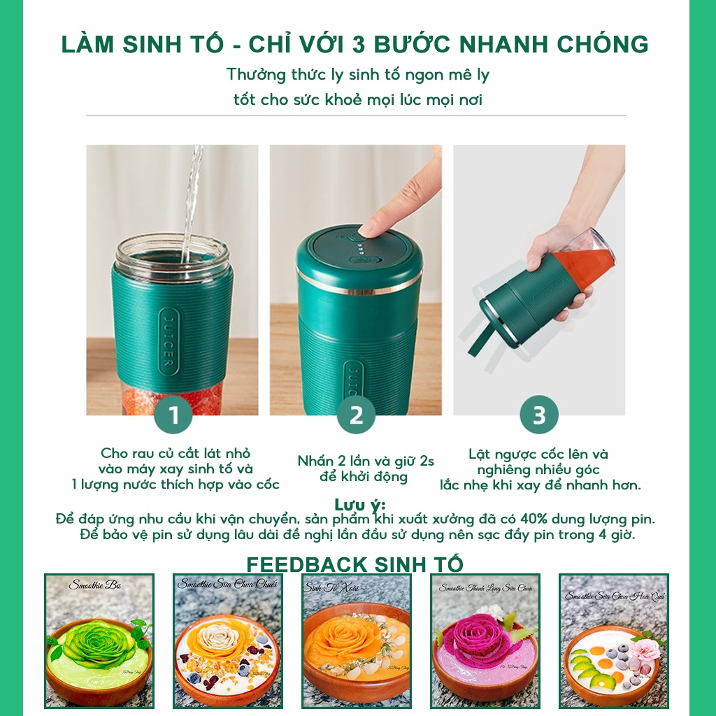 [BẢN CAO CẤP] Máy xay cầm tay say sinh tố đa năng xay ăn dặm, xay đá, xay sinh tố trái cây cối THUỶ TINH 300ml sạc pin