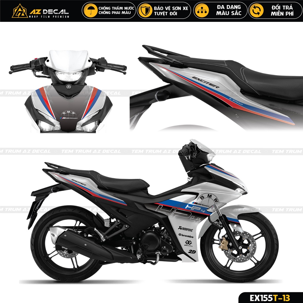 Tem Xe Exciter 155 Mẫu HP4 Đẹp | EX155T-13 | Decal Dán Xe Ex 155 Cao Cấp Màu Đen, Trắng, Đỏ