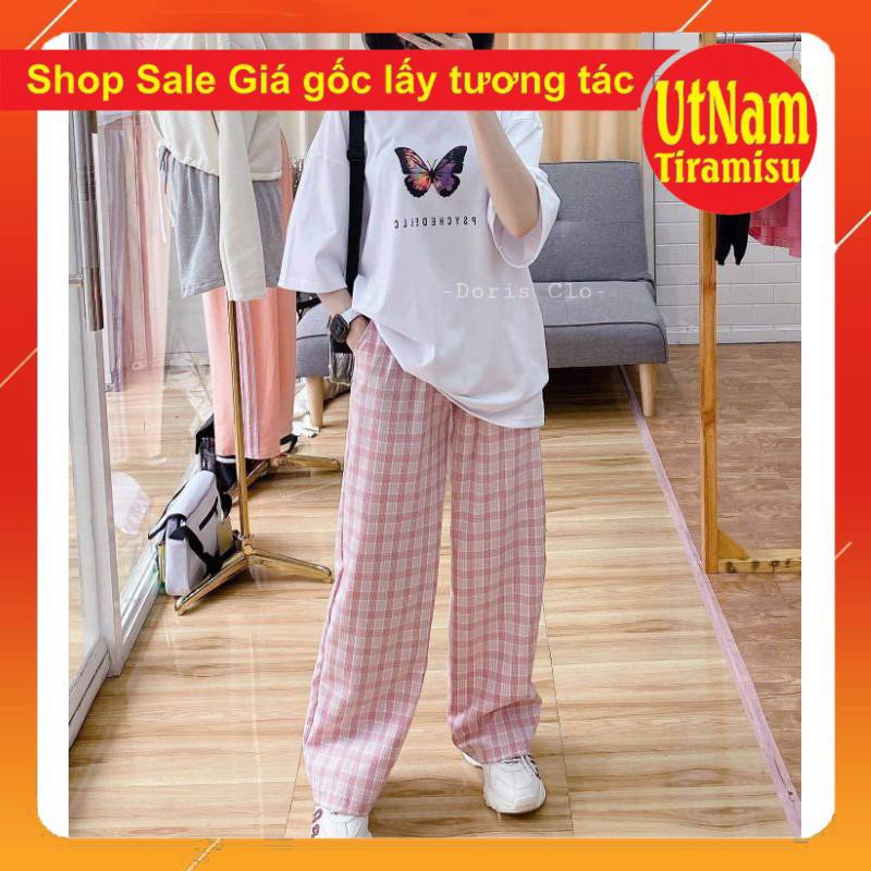 sét áo bướm + quần kẻ cúc hồng, form thụng tay lỡ,unisex giá rẻ