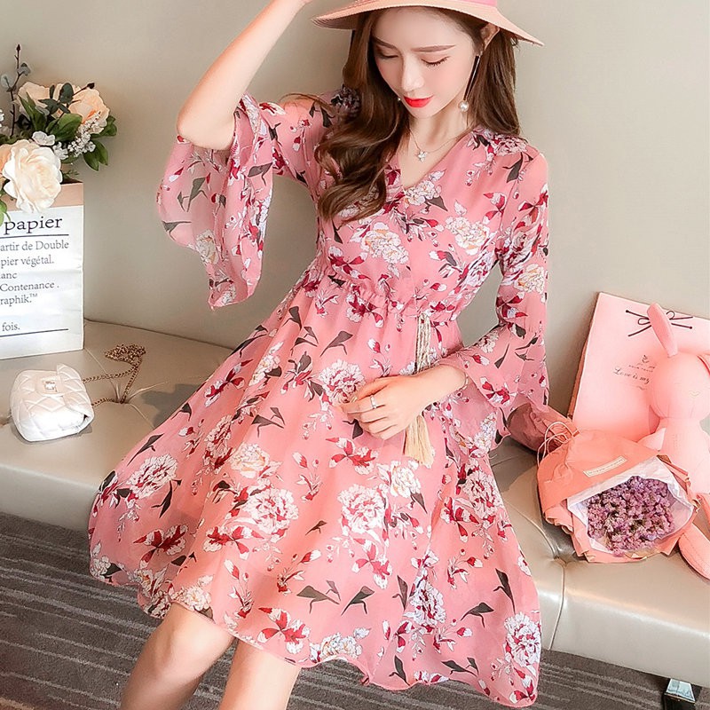 Váy voan hoa dáng xòe tay loe đủ size từ gầy đến béo (42kg-85kg)(Hàng oder chuẩn hình 100%)