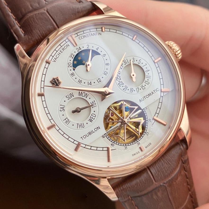 Đồng hồ Nam Vacheron máy nhật, mẫu 5kim lộ cơ cánh khế, mặt trắng viền vàng , dòng cơ Automatic size 40mm-41mm