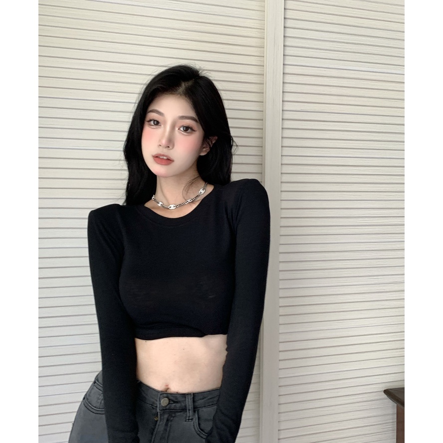 HUANG YOYO Áo Thun Tay Dài Cổ Tròn Thời Trang Quyến Rũ Phong Cách Hàn Quốc Cho Nữ