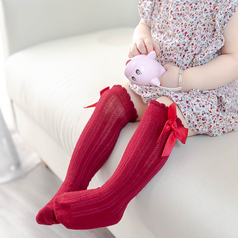 Vớ Cotton Cao Đến Đầu Gối Chống Trơn Đính Nơ Dễ Thương Cho Bé Gái