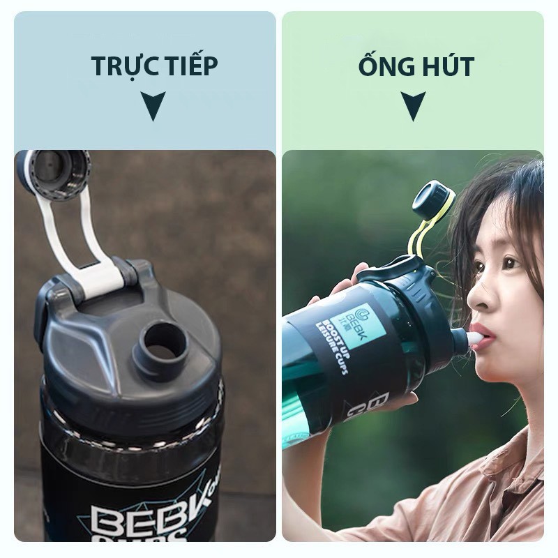 Bình nước thể thao, bình đựng nước nhựa có ống hút tập gym cao cấp 2300ml BEBK CUPS