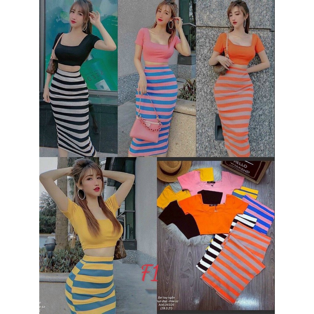 Set bộ áo crop top cổ vuông chân váy bút chì kiểu sọc ngang xinh