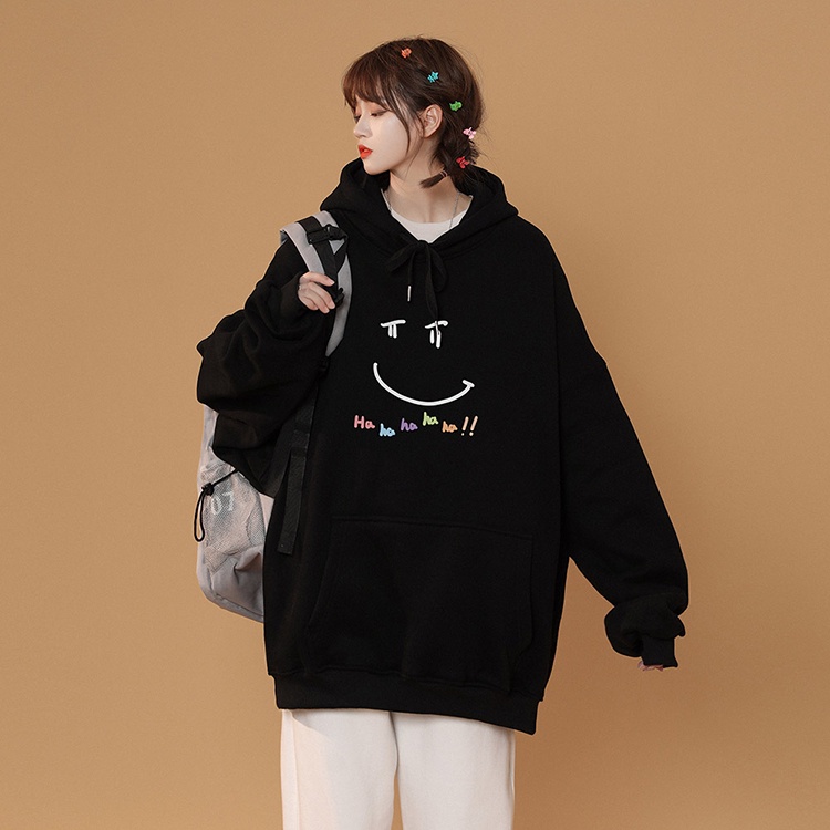 Áo Hoodie Dáng Rộng In Hình Mặt Cười Phong Cách Retro Cho Nữ