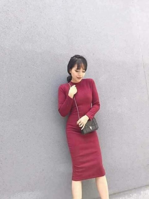Đầm ôm váy body xẻ sau+ xẻ sườn len tăm dài tay