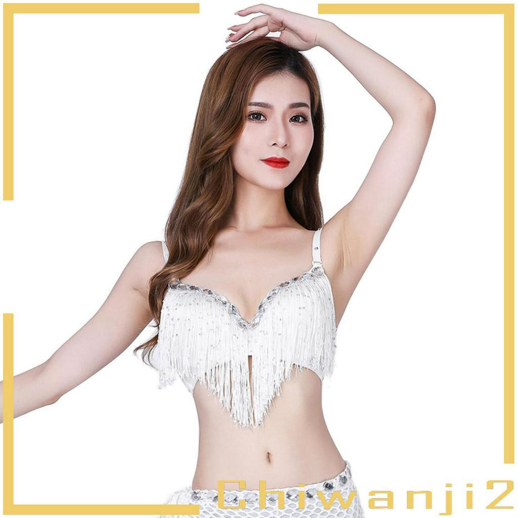 [Chiwanji2] Áo Ngực Múa Bụng Đính Kim Sa Lấp Lánh Phối Tua Rua Màu Trắng Dành Cho Tiệc Tùng
