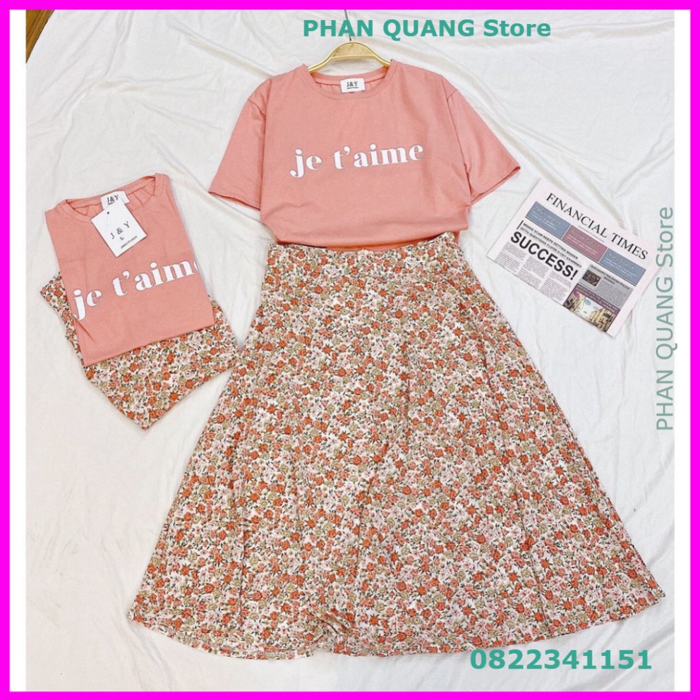 👗 (VNXK) SET ÁO THUN HỒNG JET 'AIME MIX CHÂN VÁY HOA VINTAGE DÁNG DÀI - CHÂN VÁY MIDI HOA NHÍ ULZZANG PQ-Shop