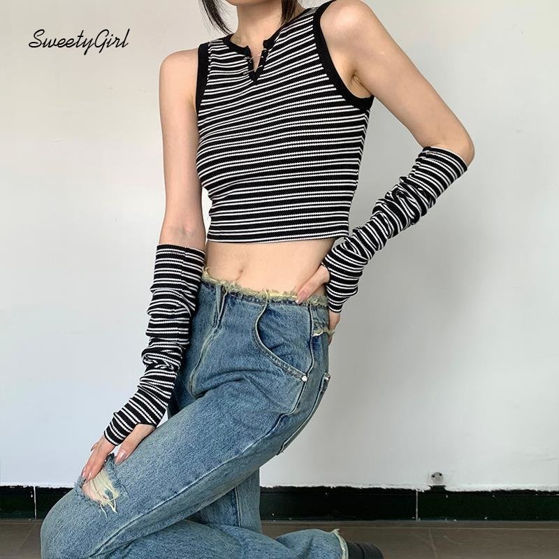 Áo Tank Top Cổ Chữ V Ôm Dáng Họa Tiết Kẻ Sọc Màu Tương Phản Thời Trang 2022 Cho Nữ