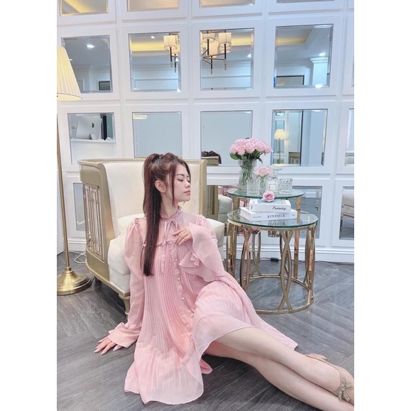 Đầm suông tiểu thư Babier xếp ly phối bèo màu hồng LINN DESIGN