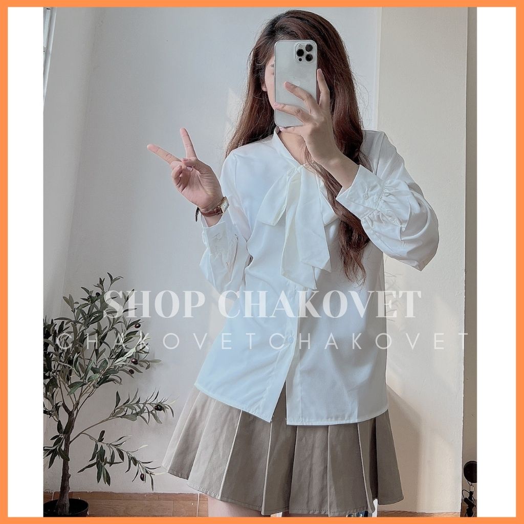 Áo sơ mi nữ dài tay trơn màu trắng A8123 thiết kế cổ áo tròn buộc nơ phong cách tiểu thư cá tính thời trang hàn quốc