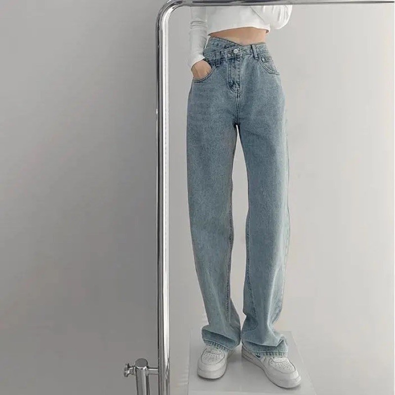 Quần jean nữ ống rộng  Cạp lưng cao dây chéo siu hot dáng ống suông chất bò dầy dặn trẻ trung LX2071