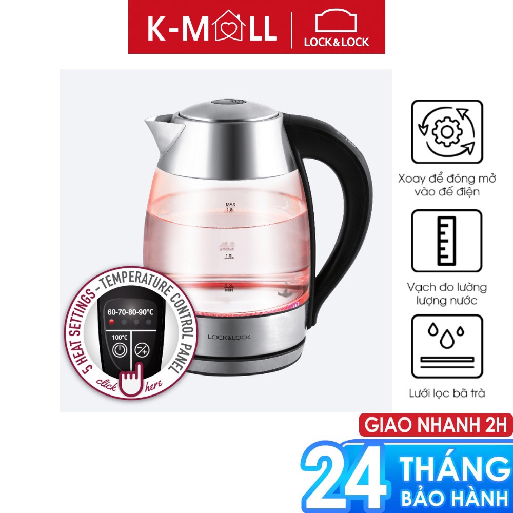 Ấm đun siêu tốc Lock&amp;Lock thủy tinh 1.8L có điều chỉnh nhiệt độ sôi, đèn đổi màu EJK341 - K-MALL