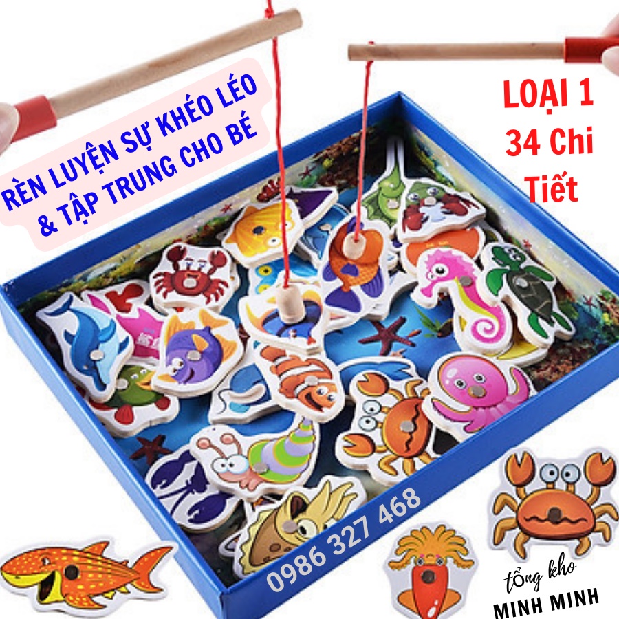 Đồ Chơi Câu Cá, Bộ Đồ chơi câu cá 3D bằng gỗ Loại To 32 con gắn Nam Châm an toàn cho bé- DC3