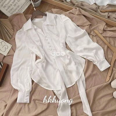 Áo sơ mi lụa khuy tay bồng nơ sau tôn dáng