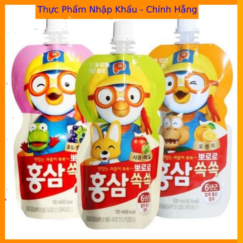 Nước hồng sâm trái cây Pororo túi 100ml Hàn Quốc đủ vị
