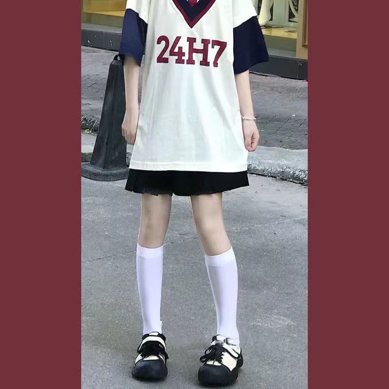 Set Áo Thun POLO Ngắn Tay + Chân Váy Xếp Ly Màu Đen Phong Cách Nhật Bản Thời Trang Mùa Hè Cho Nữ