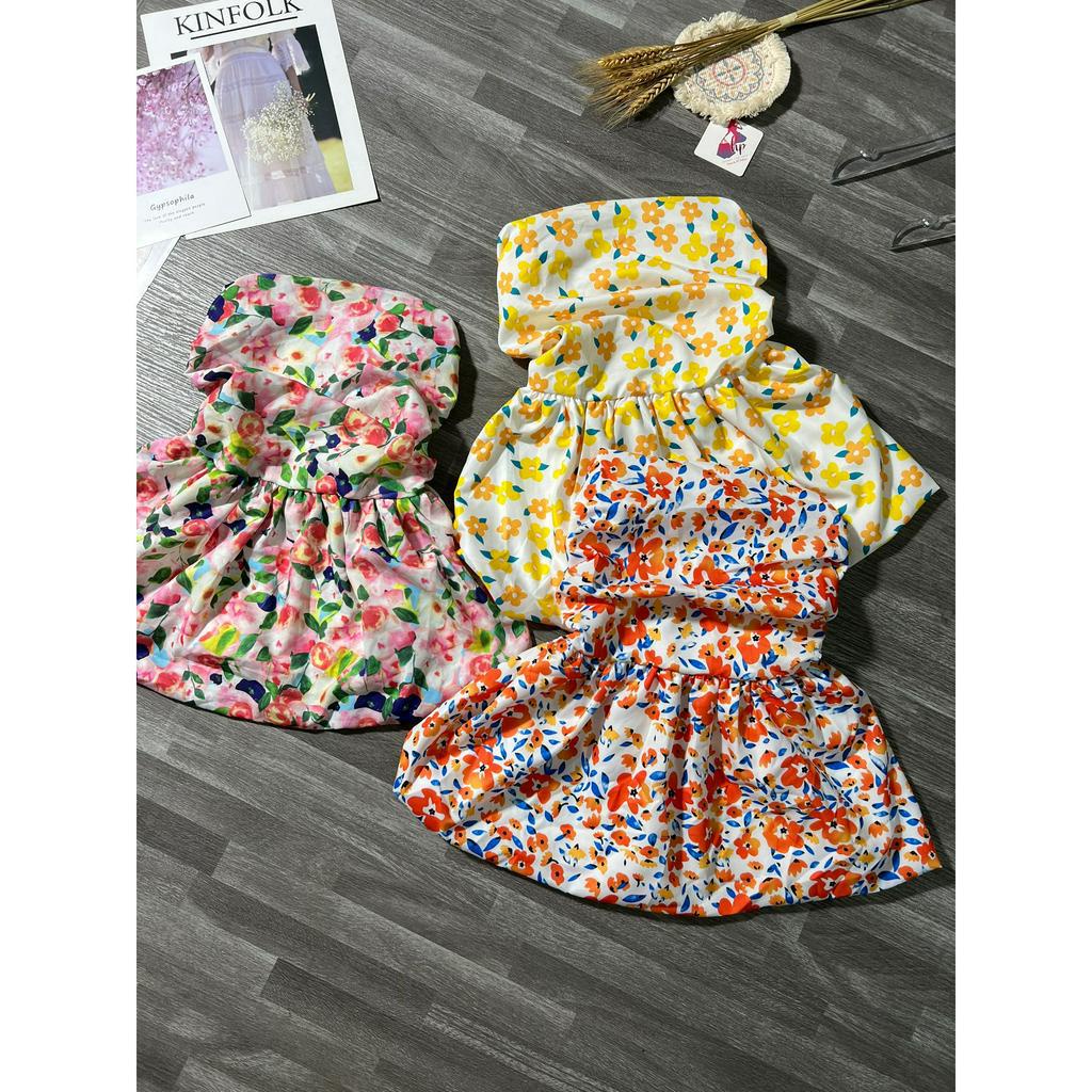 Áo ống form bí in hoa, áo nữ cúp ngực không mút 2 lớp peplum G64