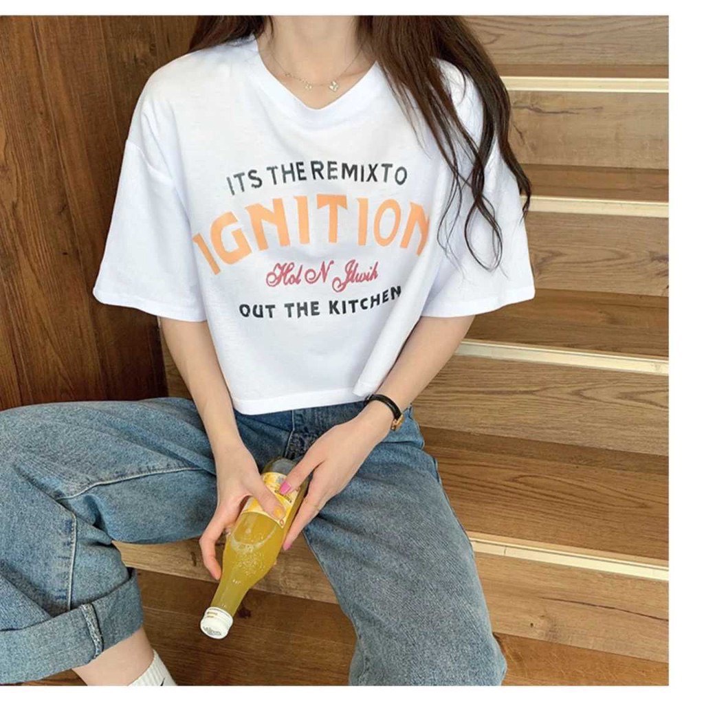 Áo thun Croptop in chữ IGNITION, form rộng, vải cotton dày dặn , co dãn 4 chiều, thấm hút mồ hôi siêu mát