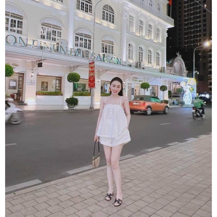 Set Kẻ Ô ZicZac Áo Hai Dây Babydoll Gài Nút Ngực Và Quần Đùi - Rộng Thoải Mái - Tiểu Thư Bánh Bèo Cute