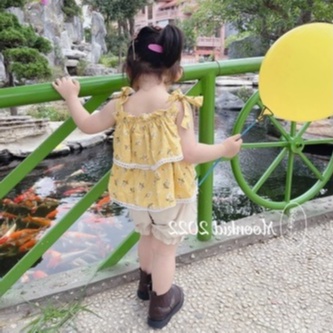 Bộ thô đũi 2 dây nơ vai bé gái dáng bồng 2 tầng 8-20kg
