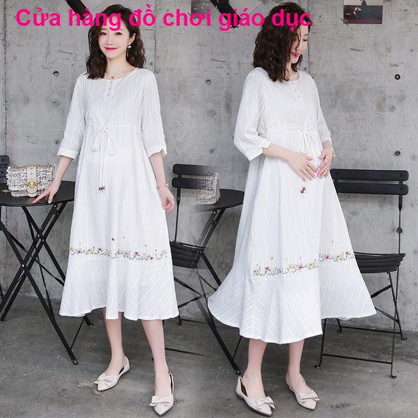 SHOP XINH Phụ nữ 2021 Mùa xuân và hè mang thai mới Đầm phiên bản Hàn Quốc của nới lỏng tay áo ngắn thêu bà bầu