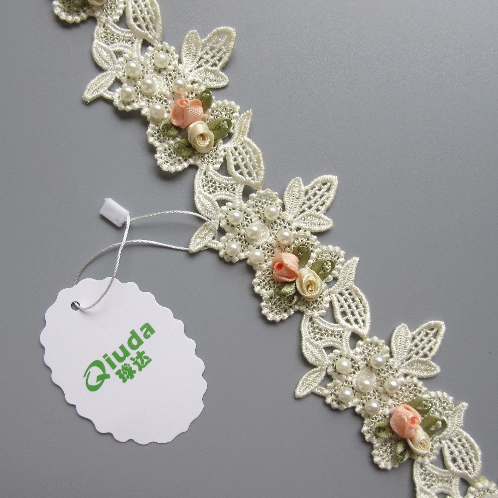 1 Yard Dây Ruy Băng Viền Ren Thêu Hoa Đính Ngọc Trai Trang Trí Váy Cưới