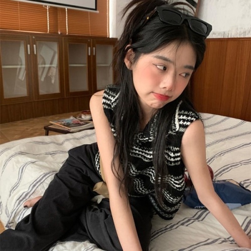 Áo Dệt Kim Không Tay Dáng Ôm Họa Tiết Kẻ Sọc Phong Cách Retro Mẫu Mới Thời Trang Mùa Hè Cho Nữ