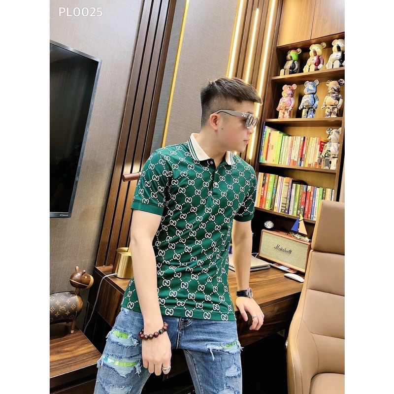 áo thun polo nam nữ cổ bẻ ngắn tay hoạ tiết in kín gu xì cổ đức