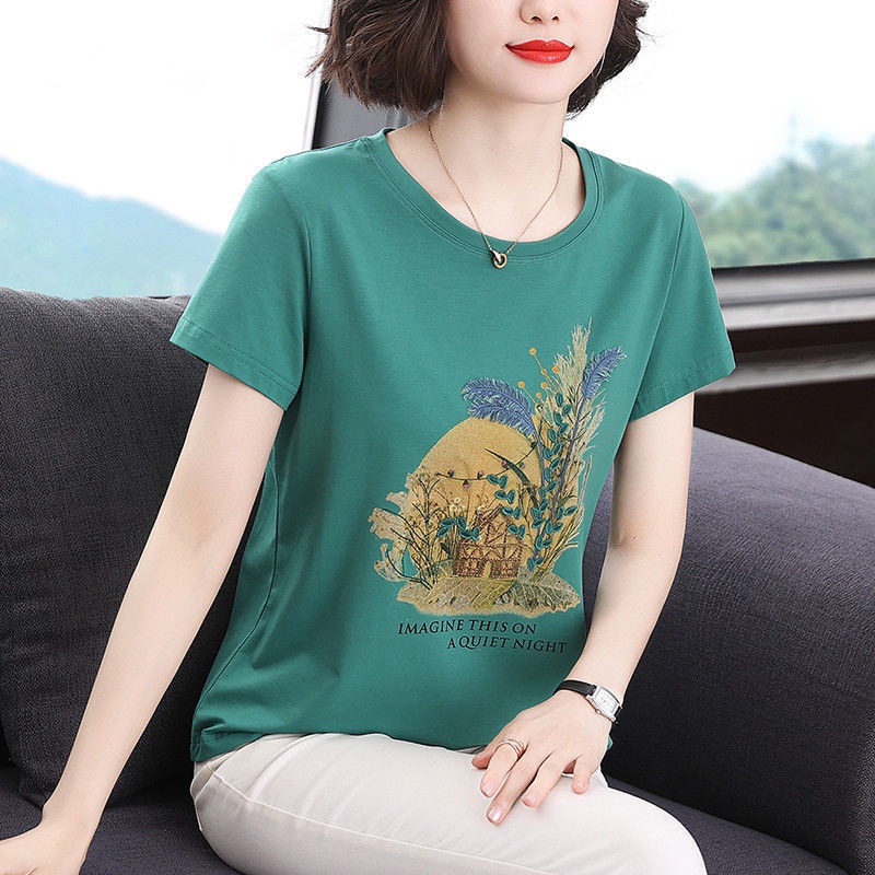 Áo Thun Tay Ngắn In Họa Tiết Phong Cách Phương Tây Thời Trang Mùa Hè Cho Phụ Nữ Trung Niên