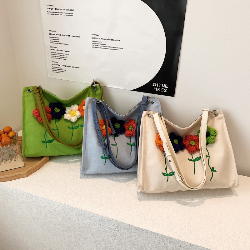 Túi vải canvas đeo vai IELGY thêu họa tiết sức chứa lớn cho nữ