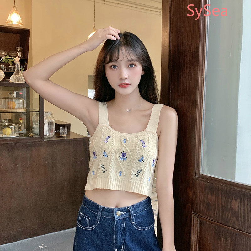 Áo Dệt Kim Hai Dây Thêu Họa Tiết Xinh Xắn Phong Cách Retro Cho Nữ