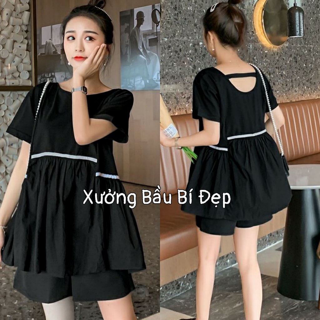 Bộ đồ bầu áo cộc quần đùi kiểu dáng babydoll thiết kế viền trắng tiểu thư xinh xắn BĐ867