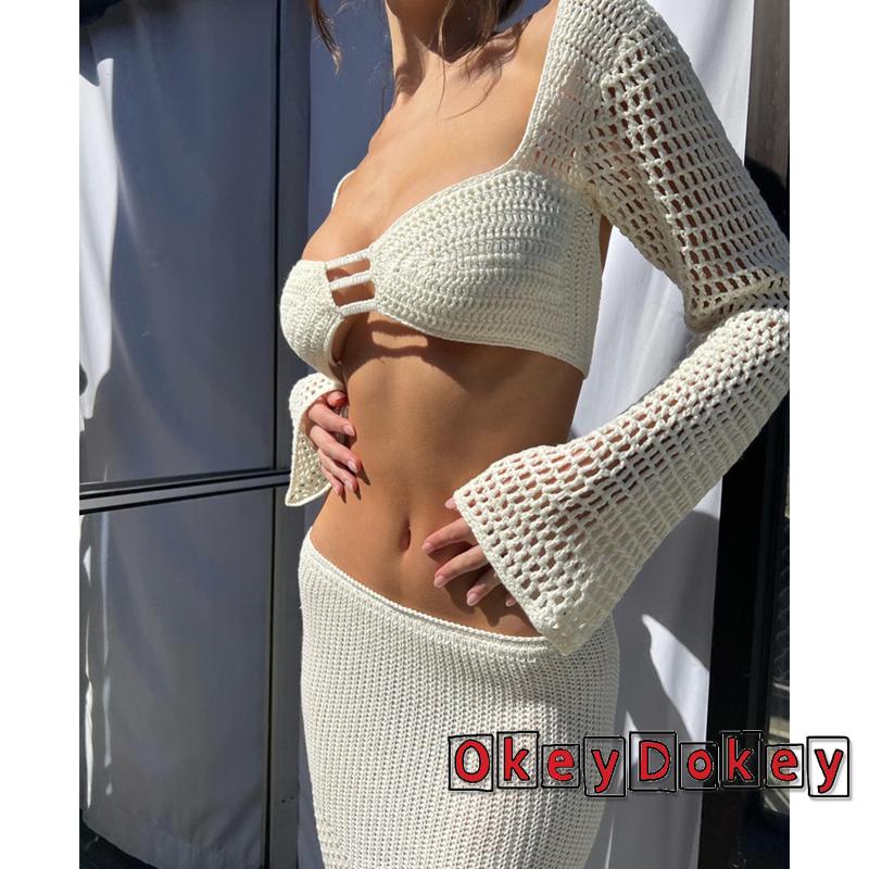 Bộ Áo Croptop Dệt Kim Cổ Vuông Tay Dài Phối Chân Váy Dài Y2K Thời Trang Cho Bạn Gái