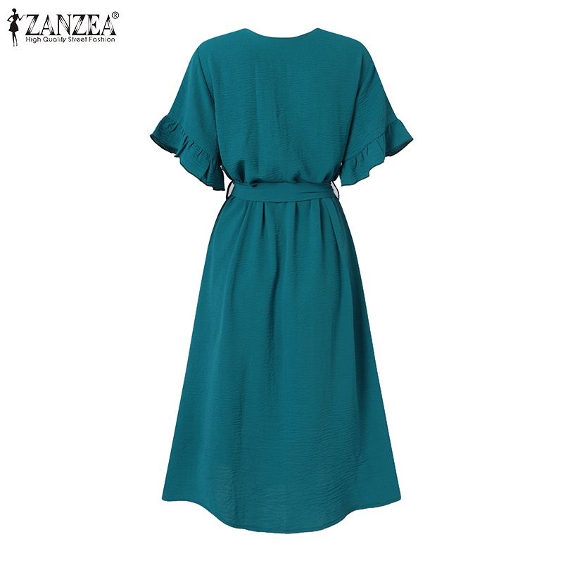 ZANZEA Đầm Tay Ngắn Cổ Chữ V Màu Trơn Cài Nút Thời Trang Cho Nữ