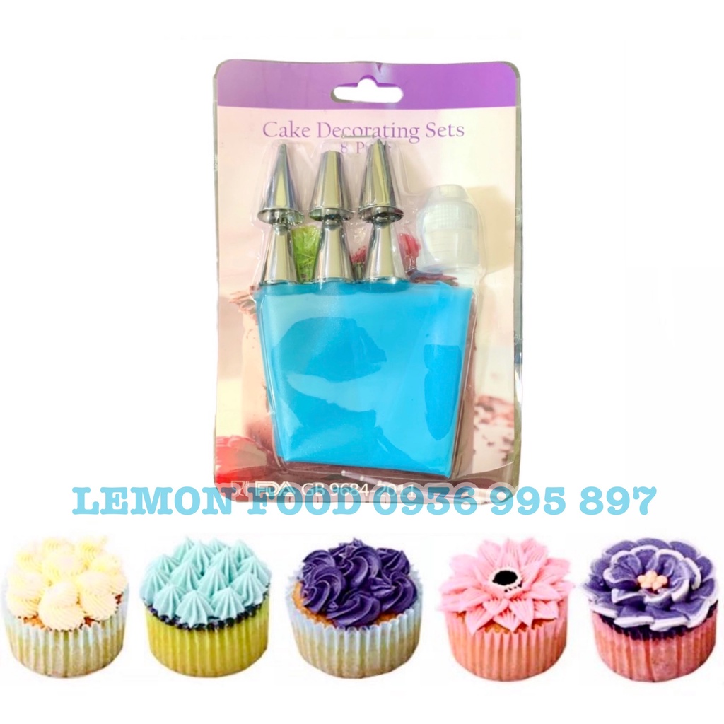 Bộ 6 đui bắt bông kem trang trí bánh kèm đầu nối và túi đựng kem silicone