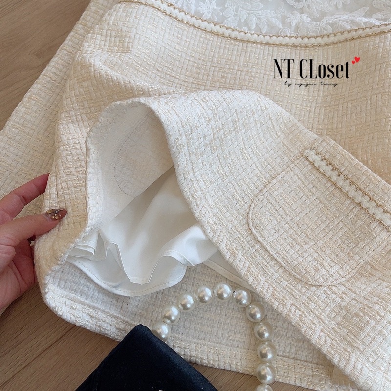 SALE Áo dạ tweed be pha vai ren chuẩn NT closet