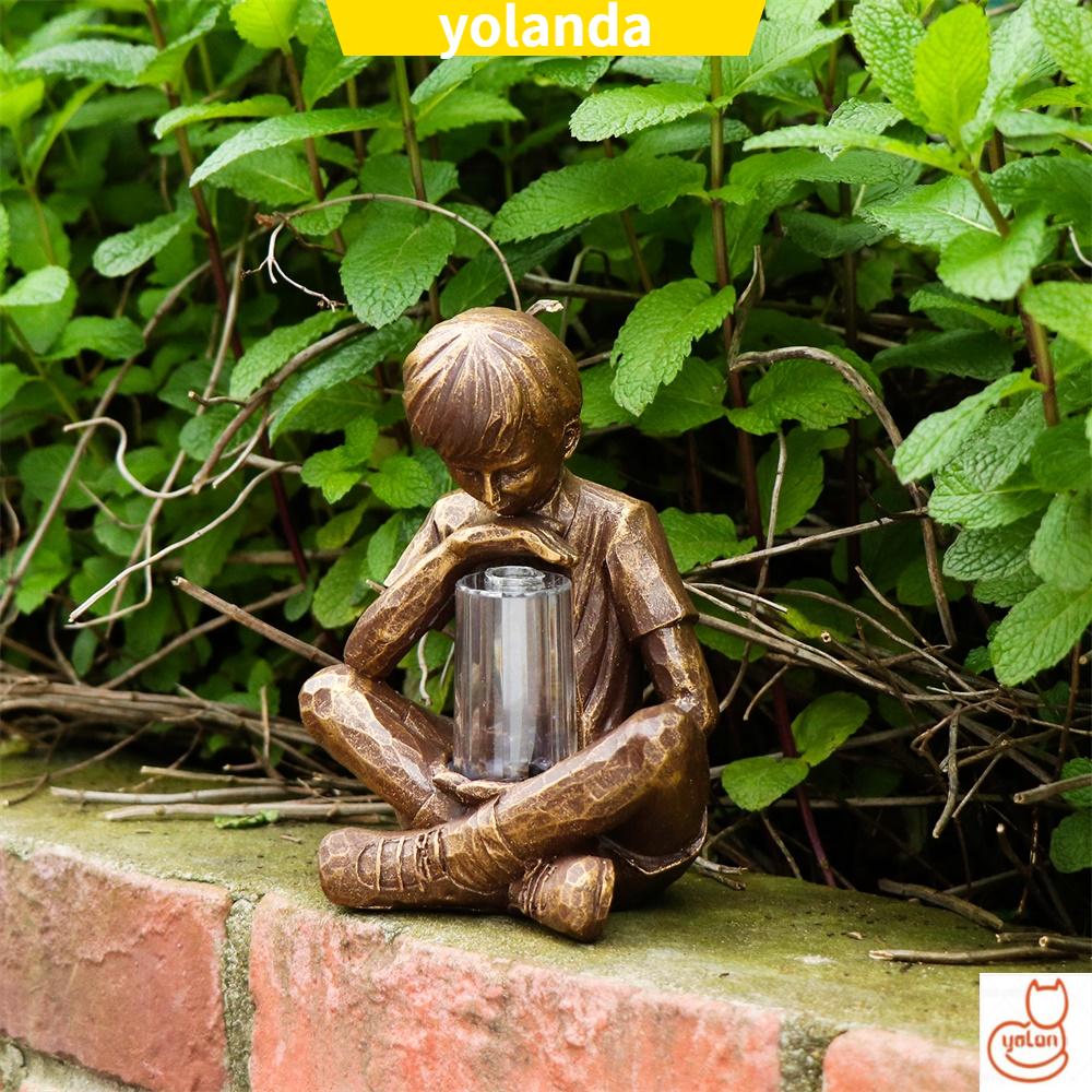 ☆YOLA☆ LED Light Boy with Fireflies Holiday Ornament Sculpture with Light Resin Garden Boy Vintage Artistic Statue Gifts Festival Decoration Garden Lights Statue Glimpses of God