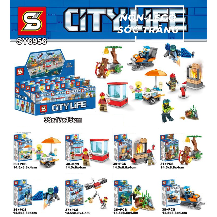 Đồ chơi lắp ráp non lego city minifigures người cây xe bán kem, trượt tuyết, lính cứu hỏa, thợ lặn SY6956 trọn bộ 8 hộp.