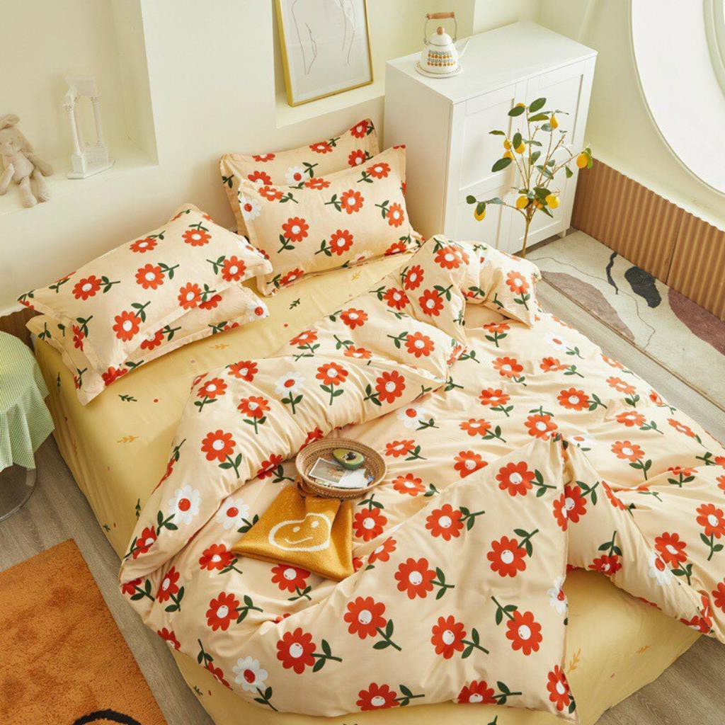 Bộ chăn ga gối drap giường chất cotton poly họa tiết hướng dương cam