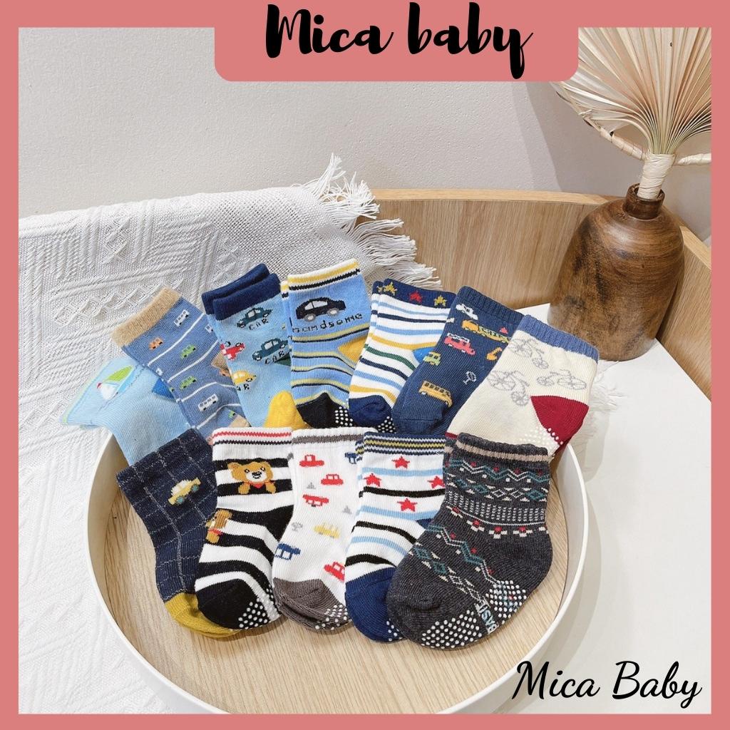Set tất 12 đôi chống trơn trượt nhiều màu hình gấu, ô tô đáng yêu cho bé Mica baby T17