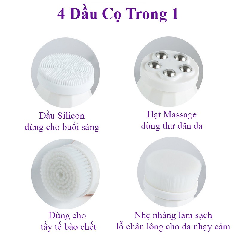 Máy Rửa Mặt Cầm Tay Đa Năng-Máy Chăm Sóc Da Mặt Massage Mặt-Tẩy Trang Với 4 Đầu Cọ-Bảo Hành 12 Tháng