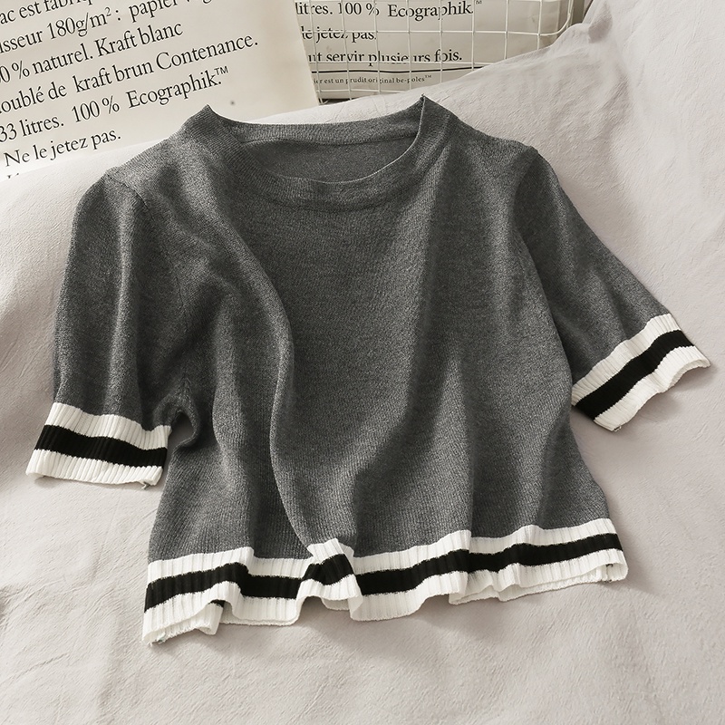 Áo thun dệt kim IELGY ngắn tay họa tiết sọc thời trang ngọt ngào cho nữ