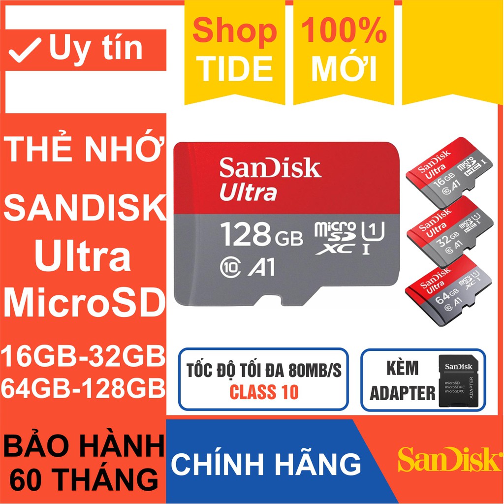 Thẻ nhớ MicroSD SanDisk 128GB/64GB/32GB/16GB – SanDisk Ultra – Bảo hành 5 năm – CHÍNH HÃNG – Kèm Adapter