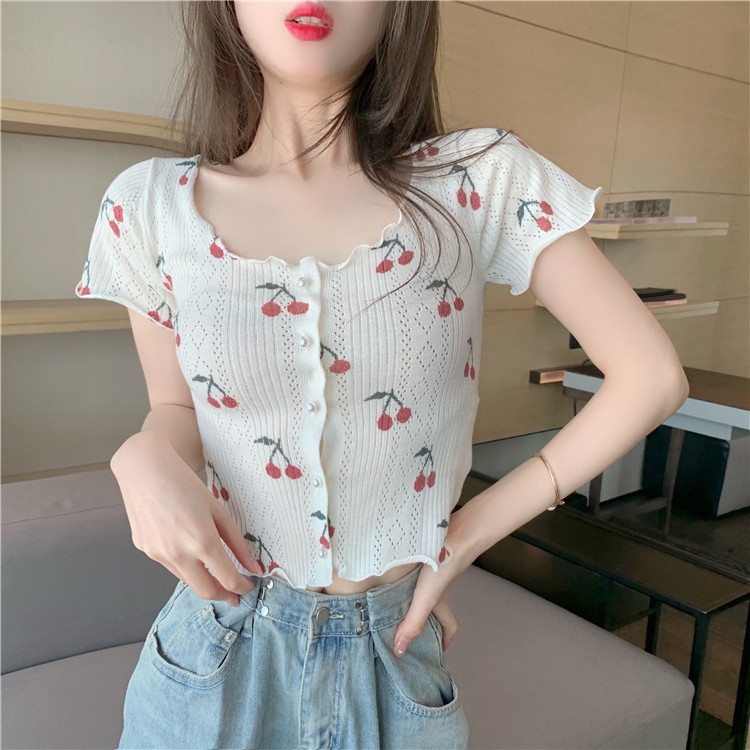 Áo thun tay ngắn in hình quả cherry phong cách Hàn Quốc thời trang cho nữ